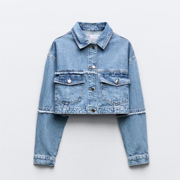 Zara Jackets & Blazers - ZARA! Denim cropped oversized jacket cut out elbows XS